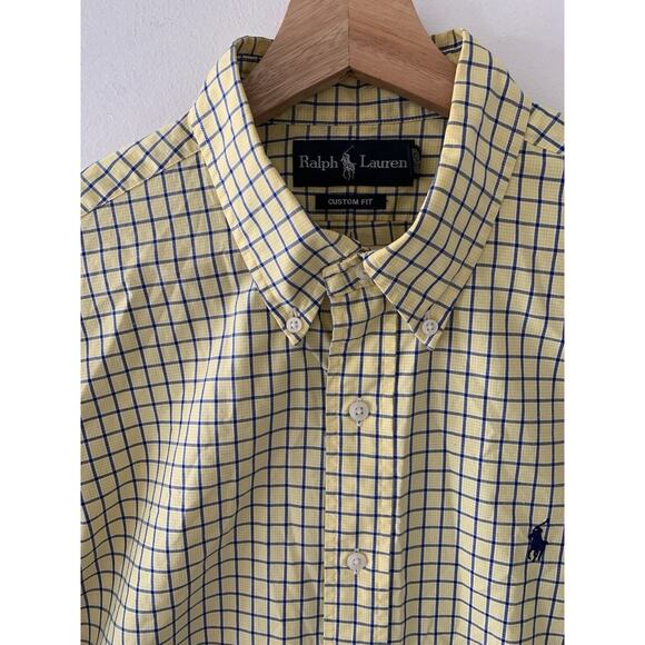 Ralph Lauren Yellow Blue Plaid‎ Button Down Shirt Mens Sz Large Custom Fit - Picture 1 of 7